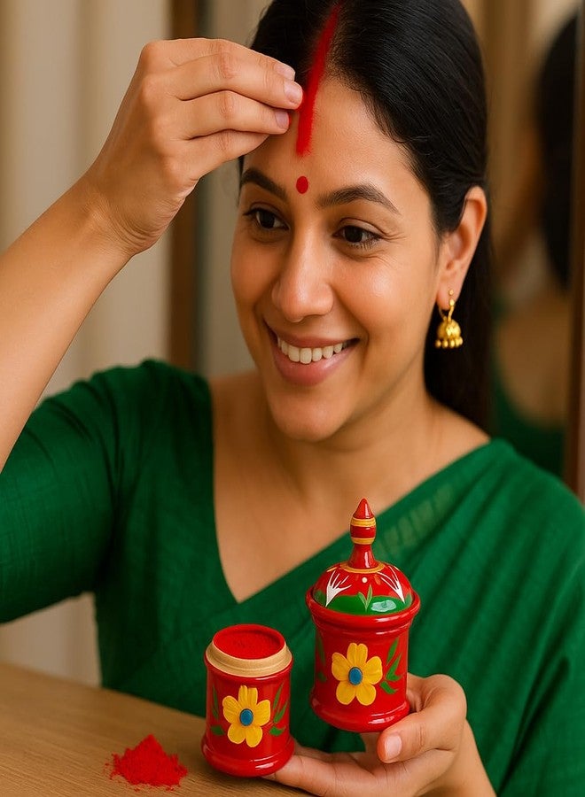 Fine Craft India Wooden Kumkum Box Sindoor Dani - Hand-Painted Multicolor Traditional Sindoor Dibbi Set of 2 Best Gift for Bride (3 Inch Height) Sindoor_Dibbi001 - Image 3